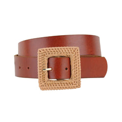 Dallas Woven Straw Square Buckle Leather Belt | Brown