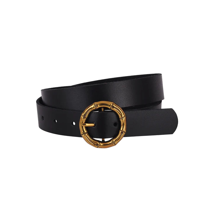 Bamboo Joint Circle Buckle Leather Belt | Black