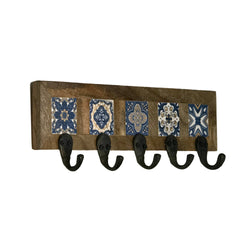 Wilco Home - Hand-Painted Ceramic Tile in Mango Wood 5 Hook Wall Rack