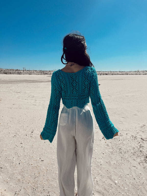 Sully Crochet Bell Sleeve Cropped Sweater | Turquoise