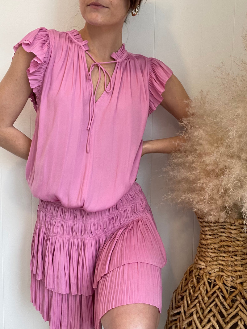 Koko Flutter Sleeve Pleated Mini Dress | Pink