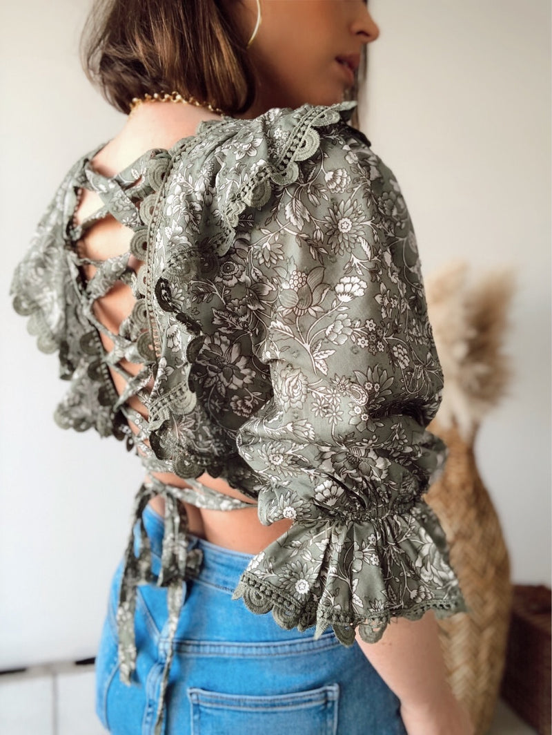 Isabelle Floral Crochet Eyelet Lace Up Back Blouse | Olive | FINAL SALE