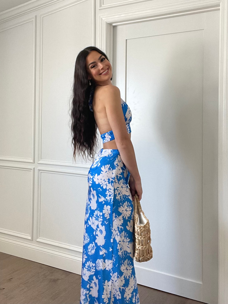Kira Satin Floral Flares Maxi Skirt | Blue