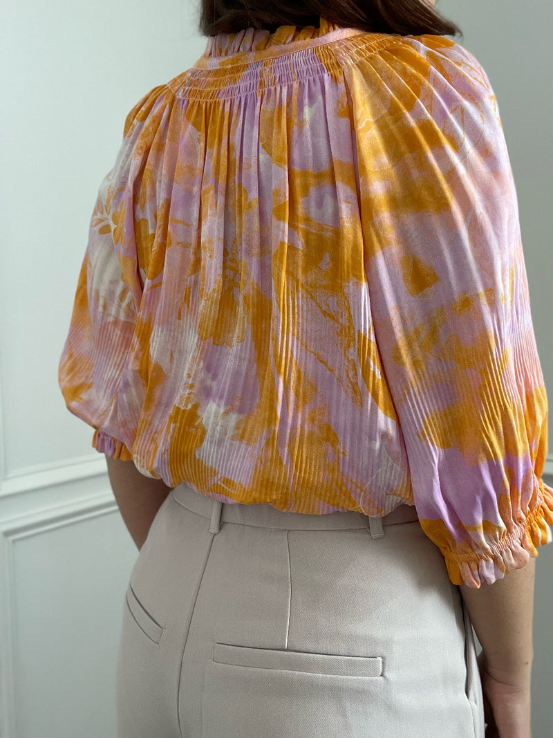 Vickie Orange Floral Short Sleeve Tie Front Satin Top | Current Air