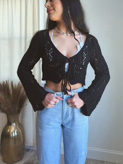 Sully Crochet Bell Sleeve Cropped Sweater | Black