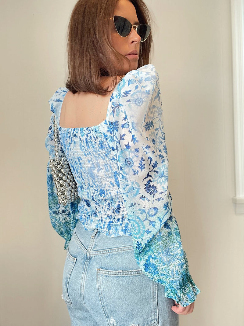 Nostalgia Floral Ruched Long Sleeve Top | Blue Green