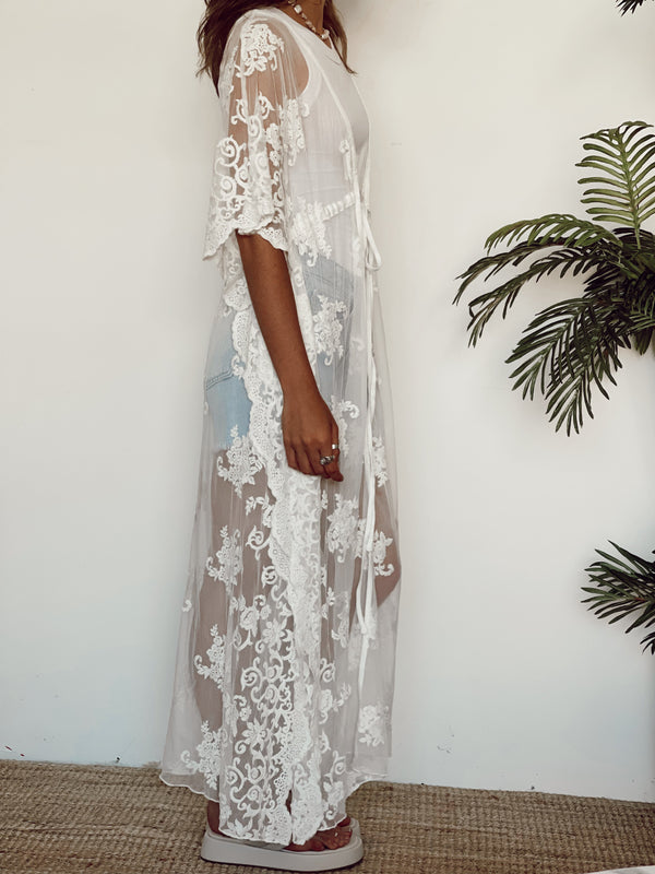 Ilona Lace Cover Up Kimono | White