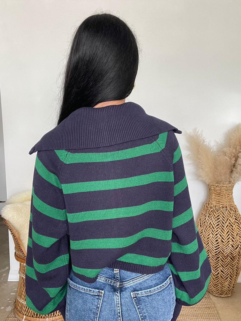 Hayden Striped Zip Up Sweater | Green & Navy