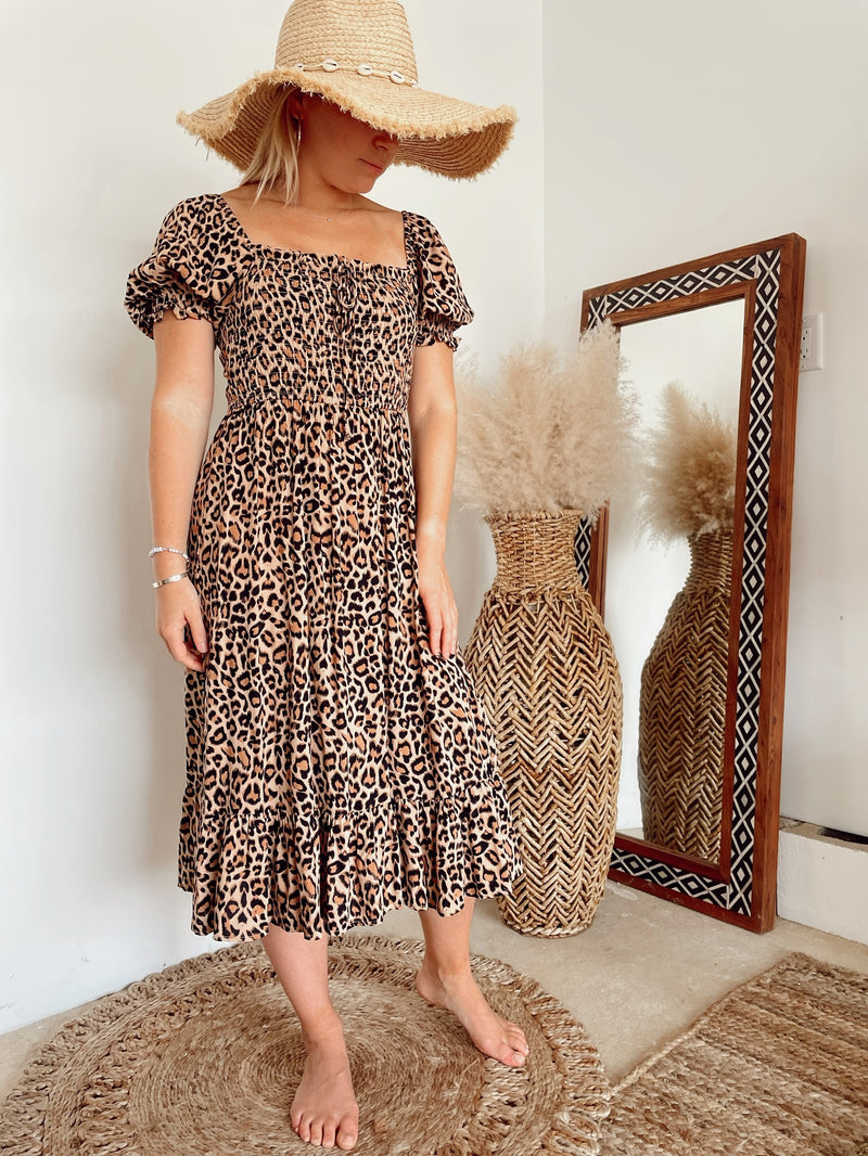 Melanie Leopard Print Puff Sleeve Midi Dress | FINAL SALE