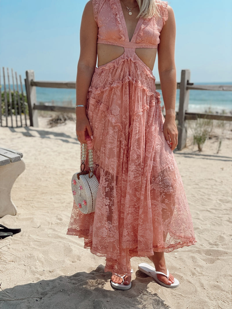 Ellie Lace Cut Out Midi Dress | Pink | FINAL SALE