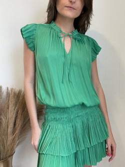 Koko Flutter Sleeve Pleated Mini Dress | Green