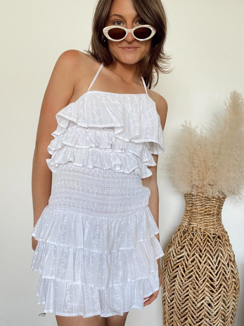 Crena Asymmetrical Smocked Ruffle Mini Dress | White