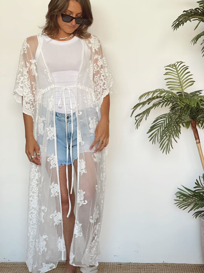 Ilona Lace Cover Up Kimono | White