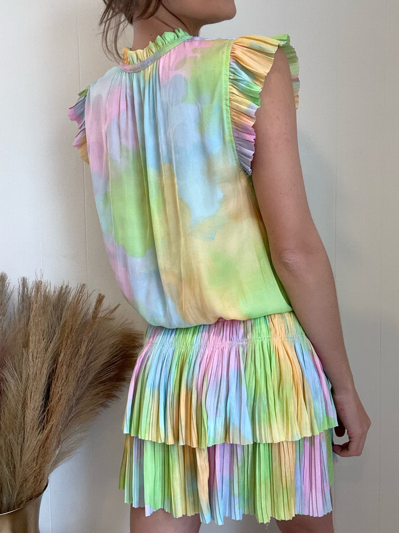 Koko Flutter Sleeve Pleated Mini Dress | Cotton Candy Mutli FINAL SALE