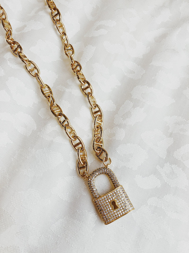 Mia Mariner Chain with CZ Lock Necklace - Gold