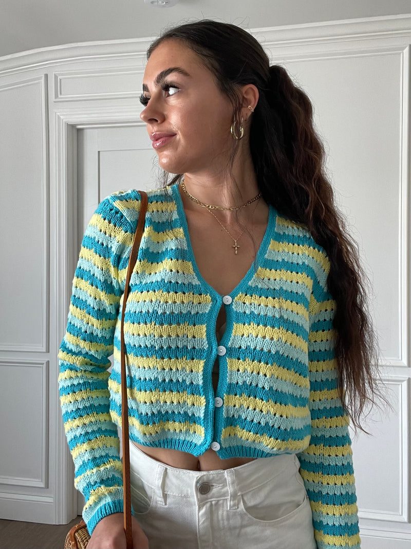 Allie Striped Crochet Cardigan | Aqua & Yellow