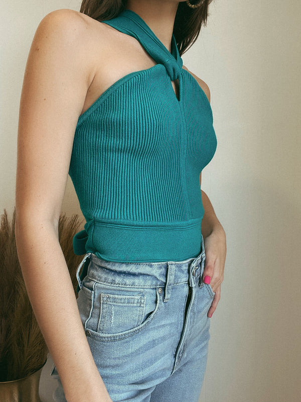 Coco Teal Cropped Rib Knit Halter Top | FINAL SALE