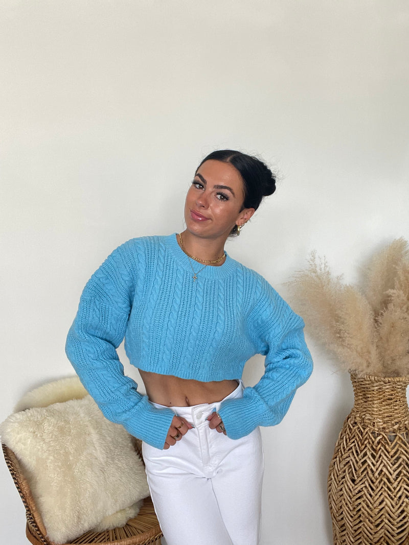 Taylor Cropped Cable Knit Sweater | Aqua