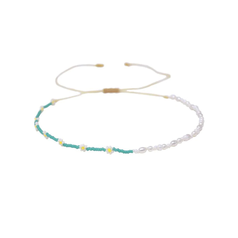 Pearly Flower Beaded Necklace Turquoise | Mishky