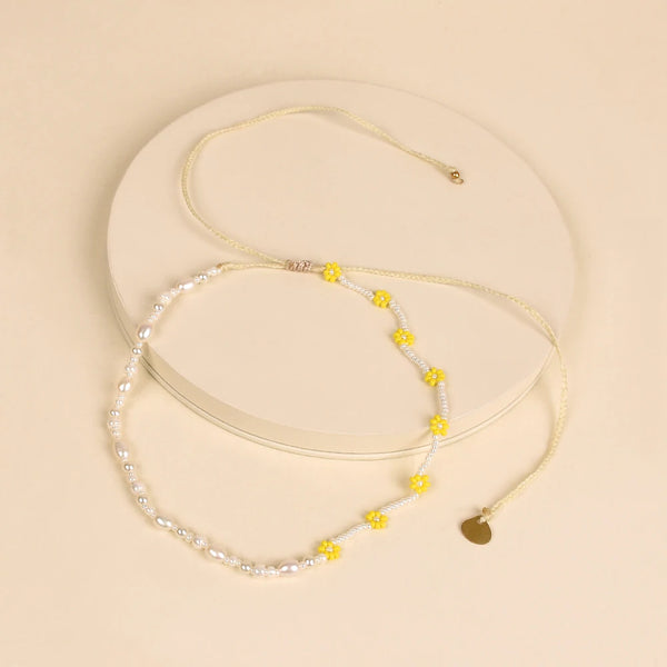 Pearly Flower Beaded Necklace Yellow | Mishky