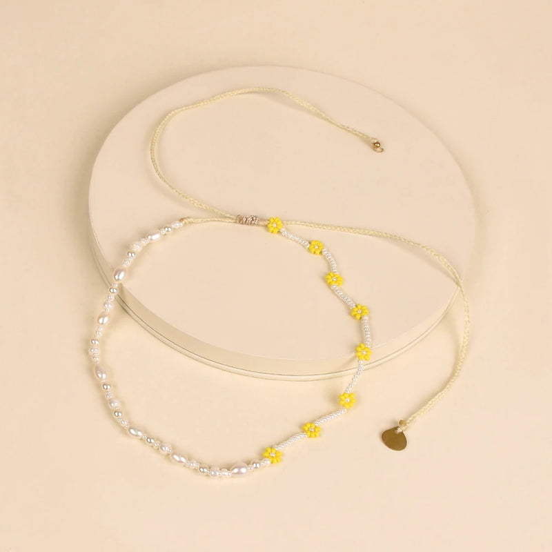 Pearly Flower Beaded Necklace Yellow | Mishky
