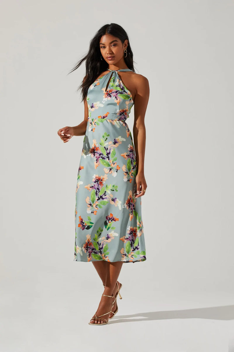 Sandrine Halter Dress Sage Orange Floral FINAL SALE